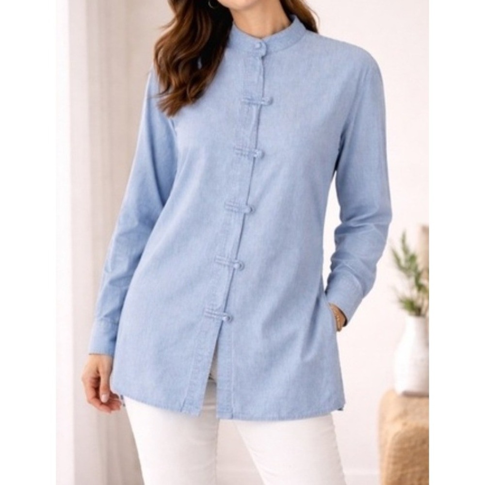 J. Jill Womens Blue Cotton Chambray Frog Button Mandarin Collar Tunic Shirt Sz L